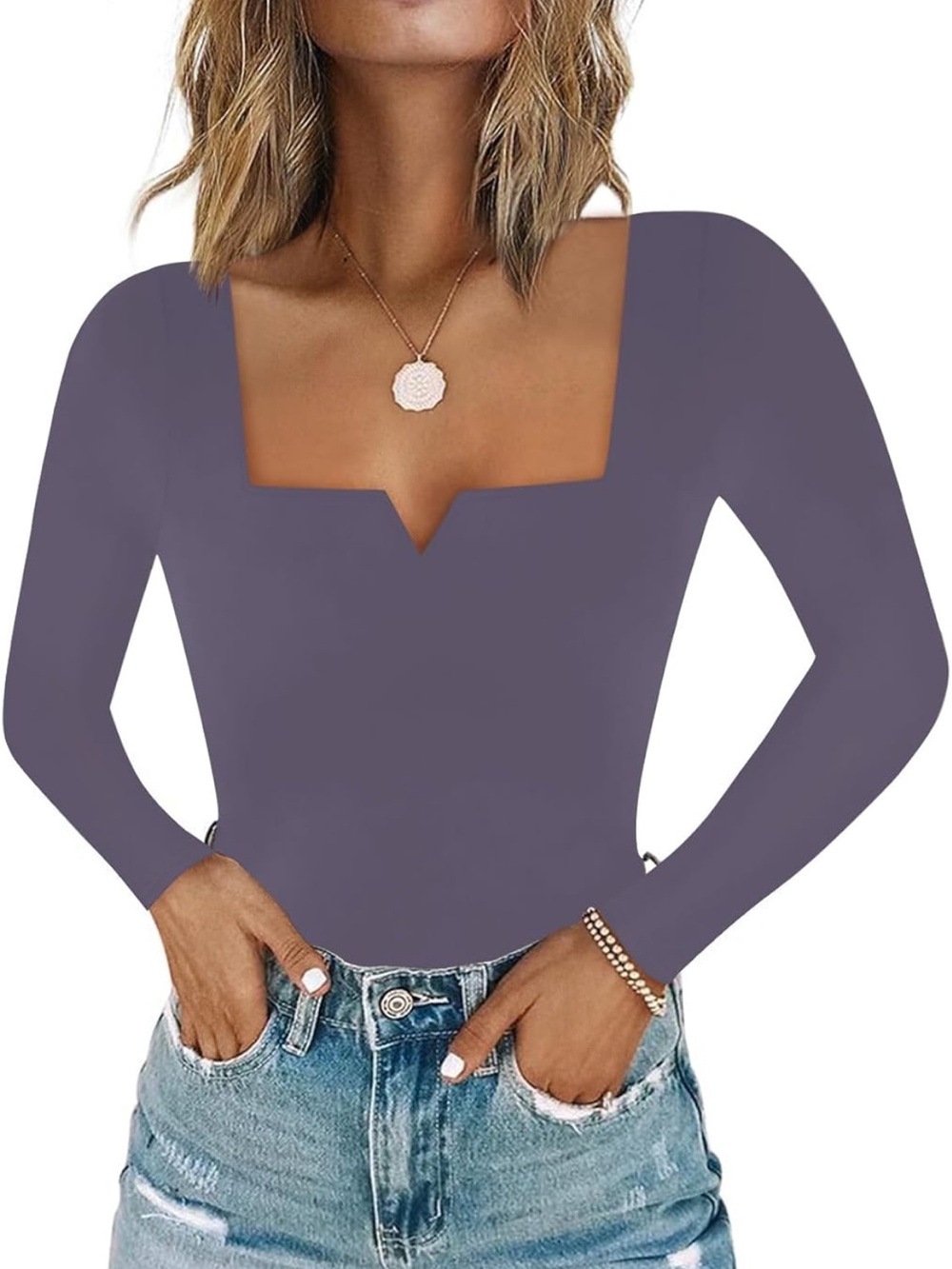NWOT New Amazon Long Sleeve Square V-Notch Thong Bodysuit - Purple XL